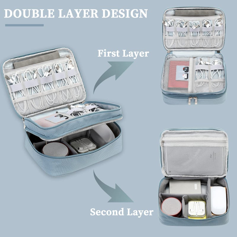 Lanola Electronic Accessories Case Electronics Travel Organizer  Portable Double Layer Cable Storage Bag for Cord  Charger  Flash Drive  Phone  Ipad Mini  SD Card Flash Drive Adapter - Light Blue - Image 4